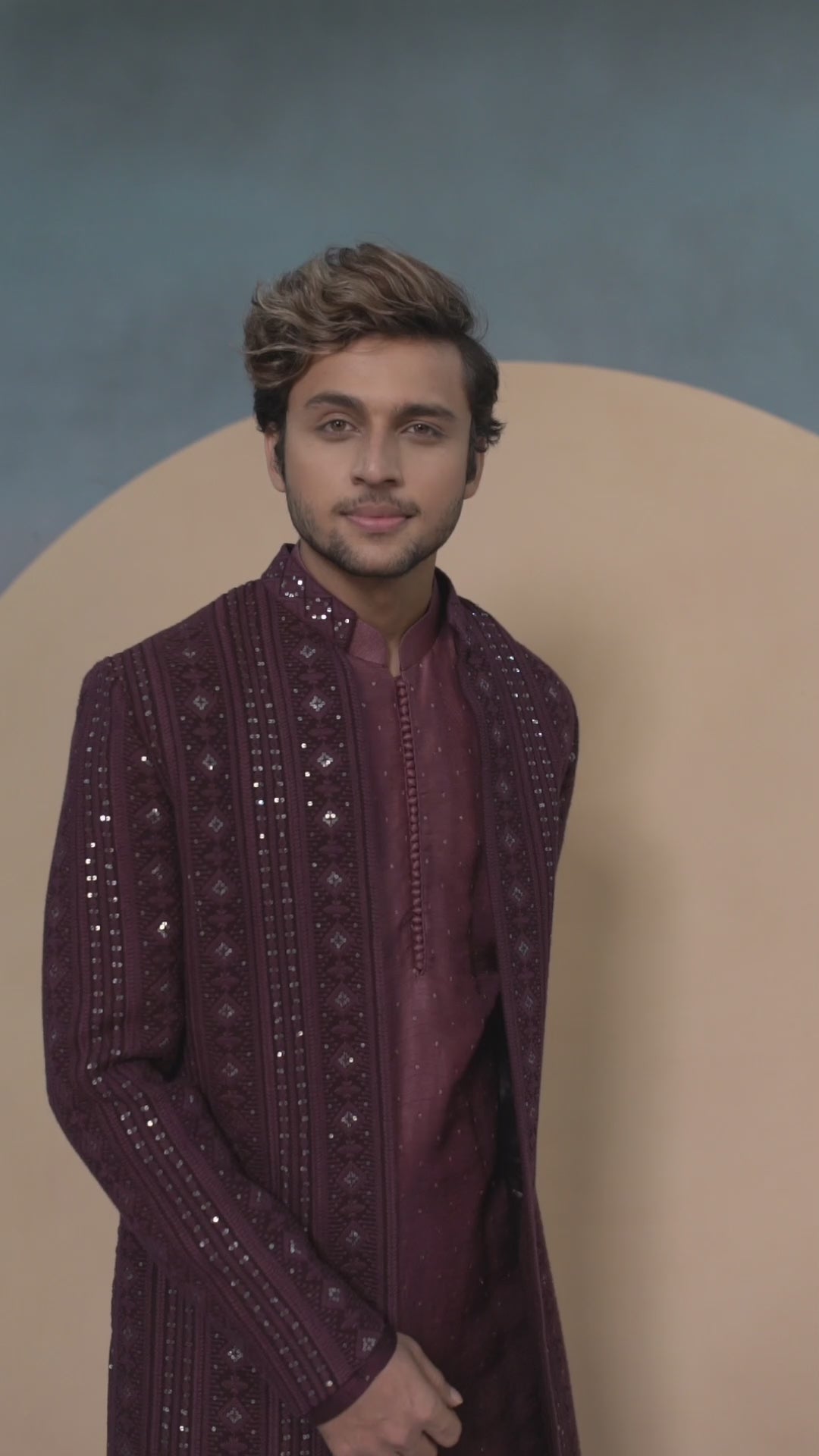 Wine Lucknowi Indo Western with ombre kurta