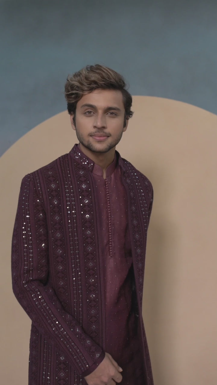 Wine Lucknowi Indo Western with ombre kurta