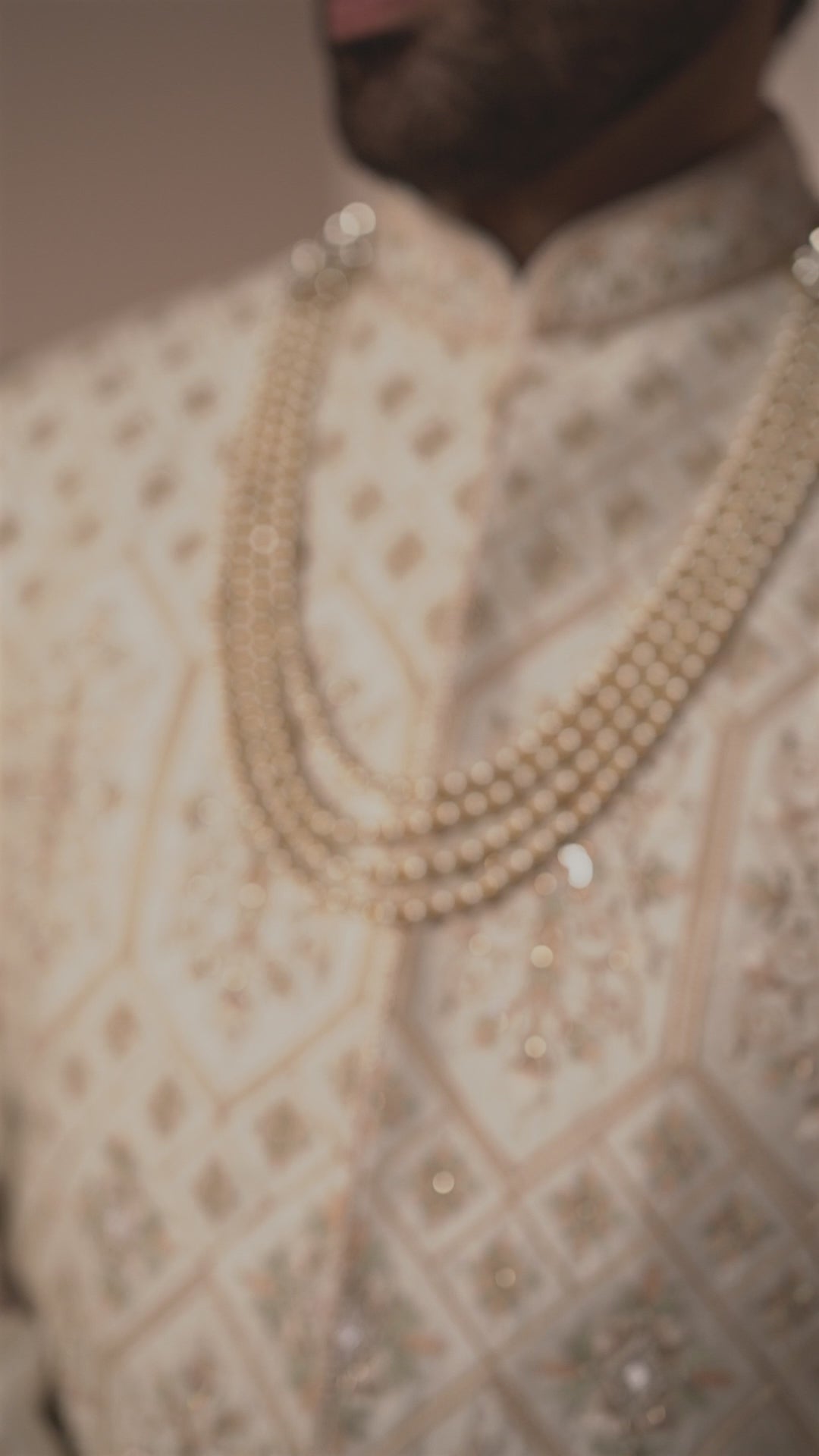 Cream Silk Sherwani in Sage & Mustard Thread work