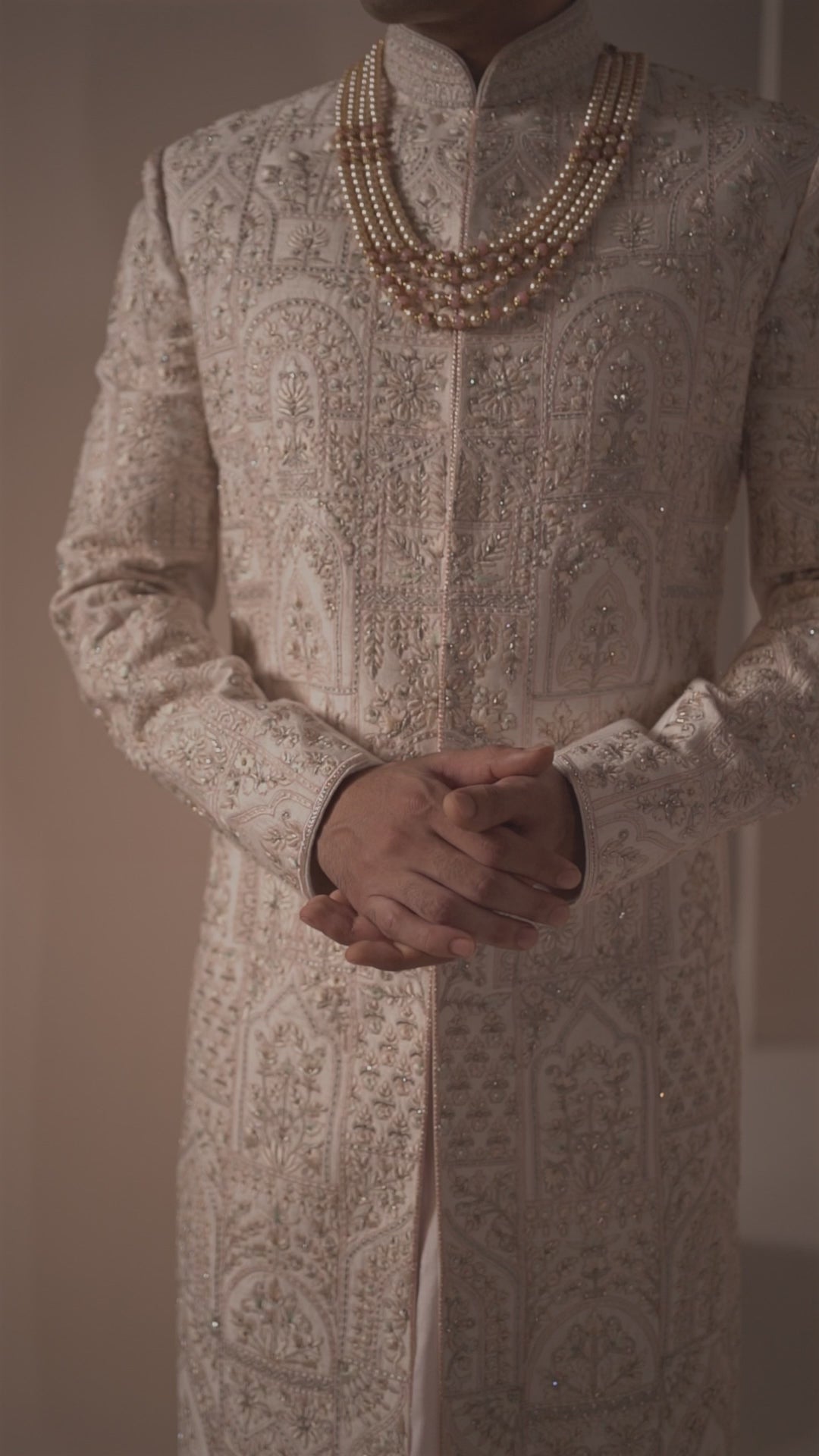 Powder Pink Silk Sherwani in Floral & Dome Motifs