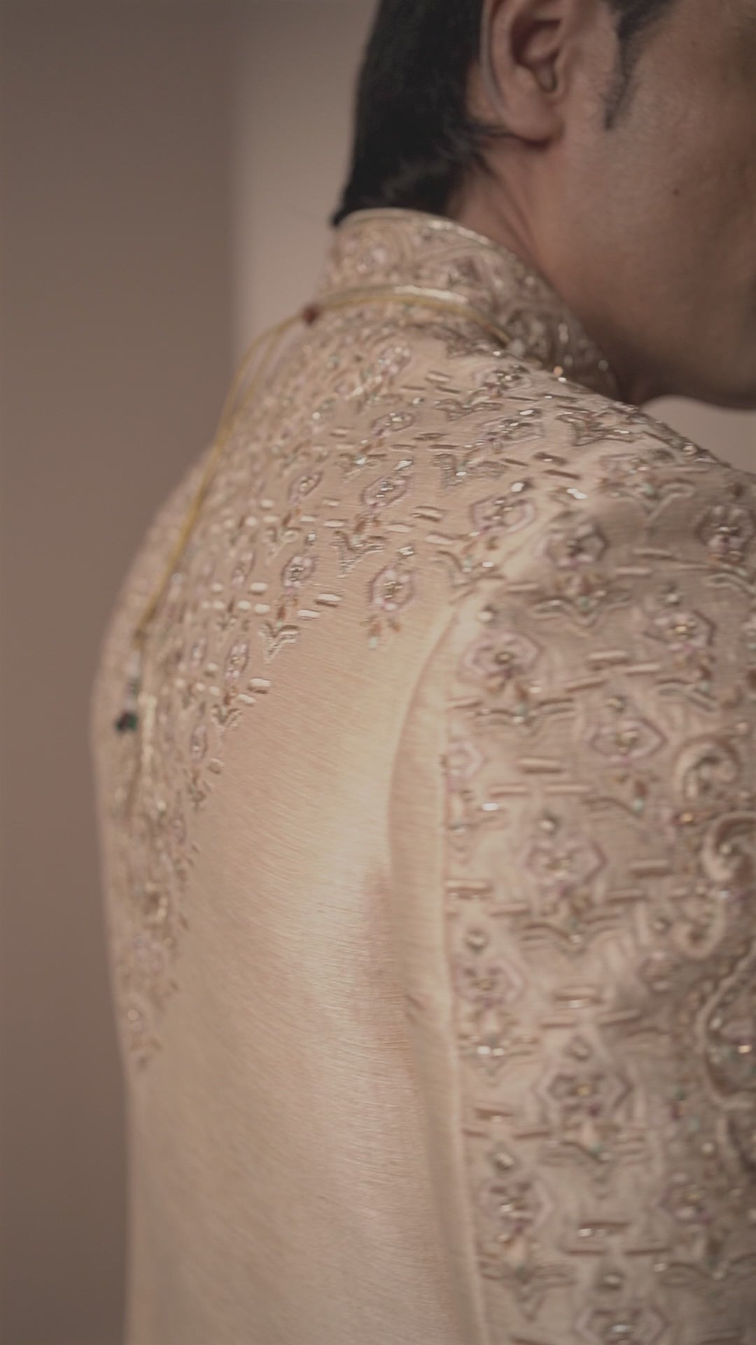 Light Peach Silk Sherwani in Floral & Paisley Motifs