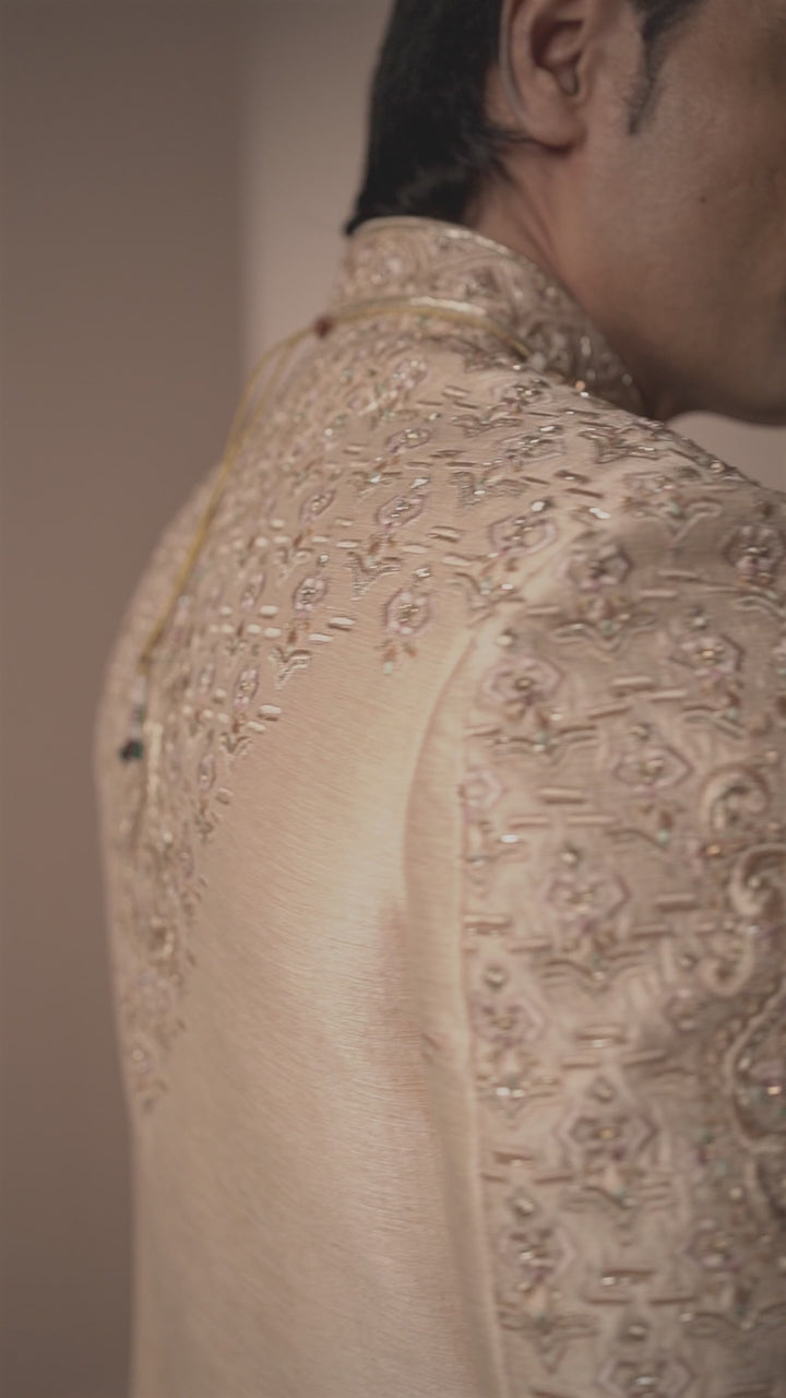 Light Peach Silk Sherwani in Floral & Paisley Motifs