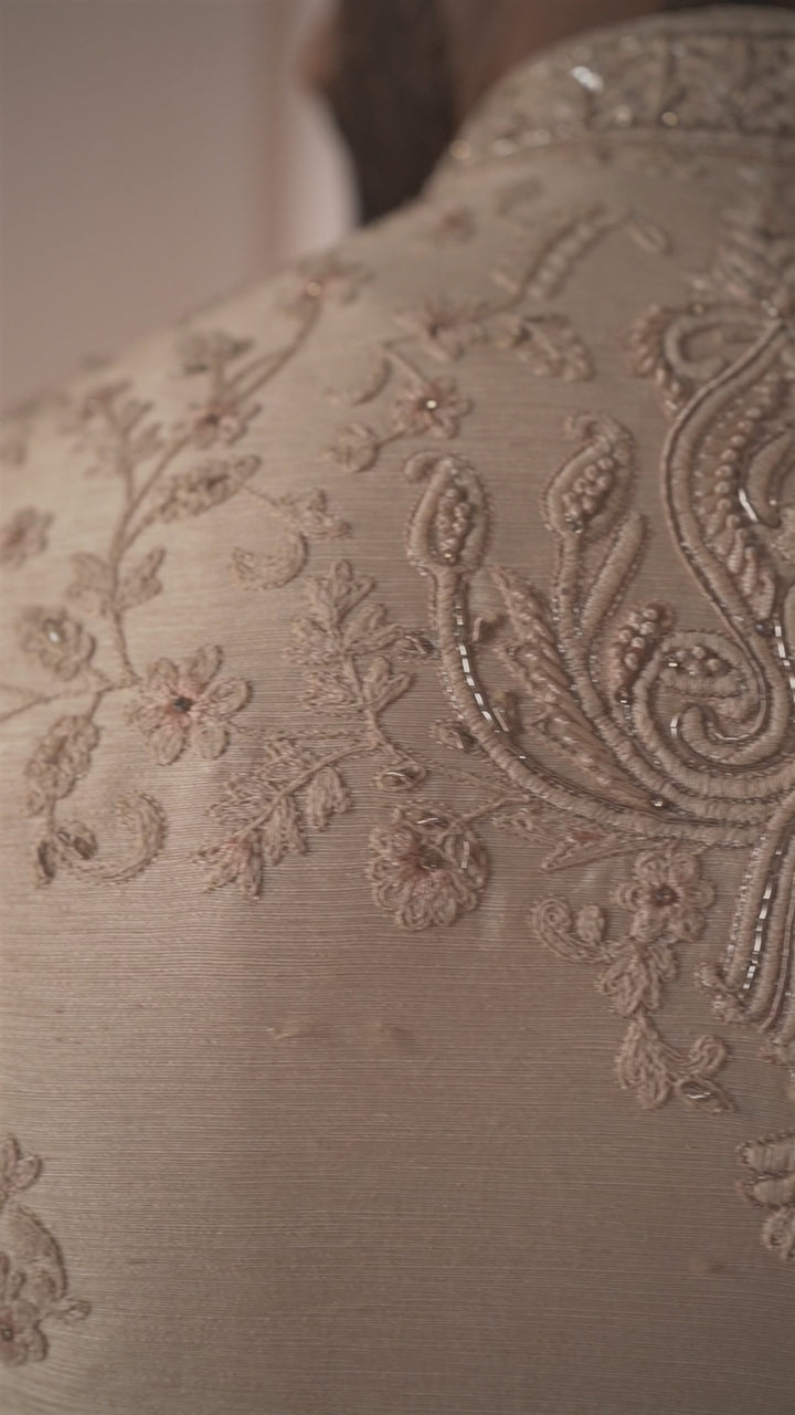 Light Gold Silk Sherwani with Flower motifs
