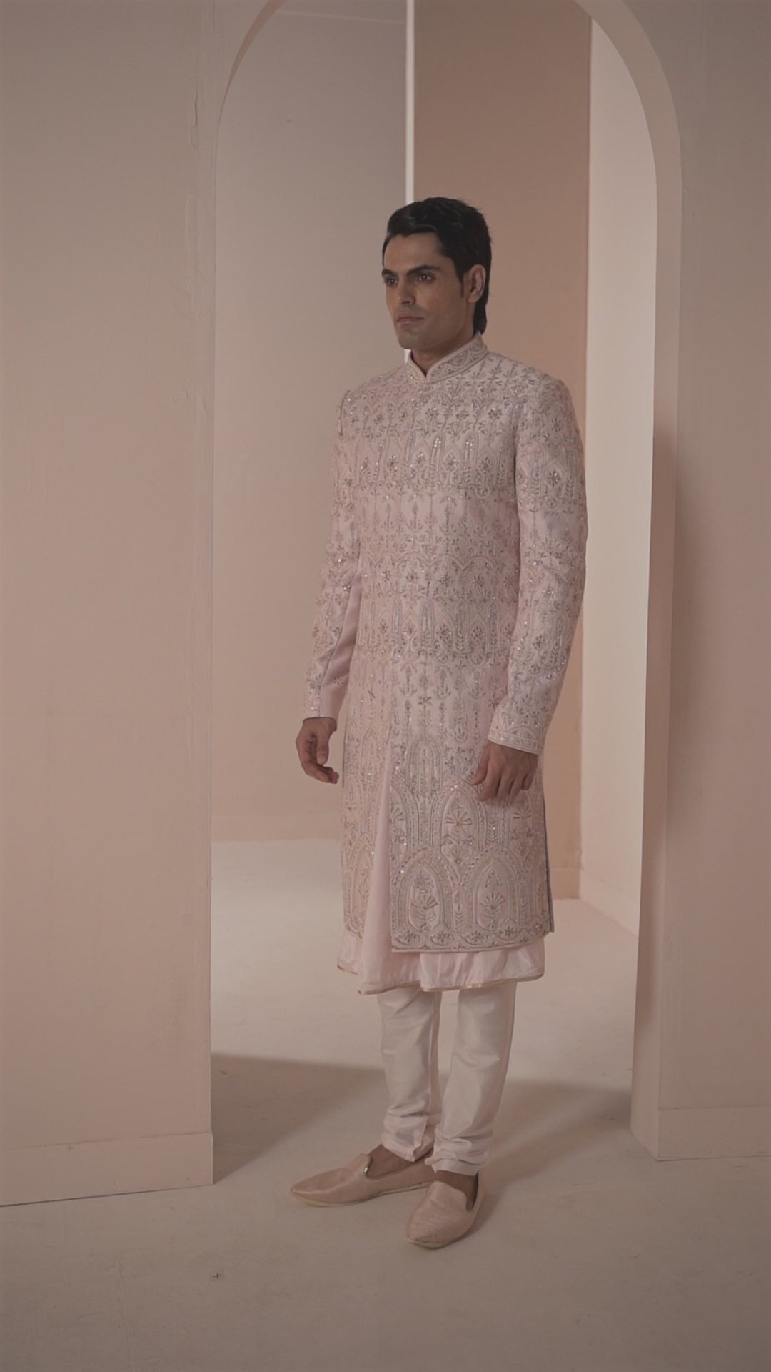 Powder Pink Silk Sherwani in Floral Motifs