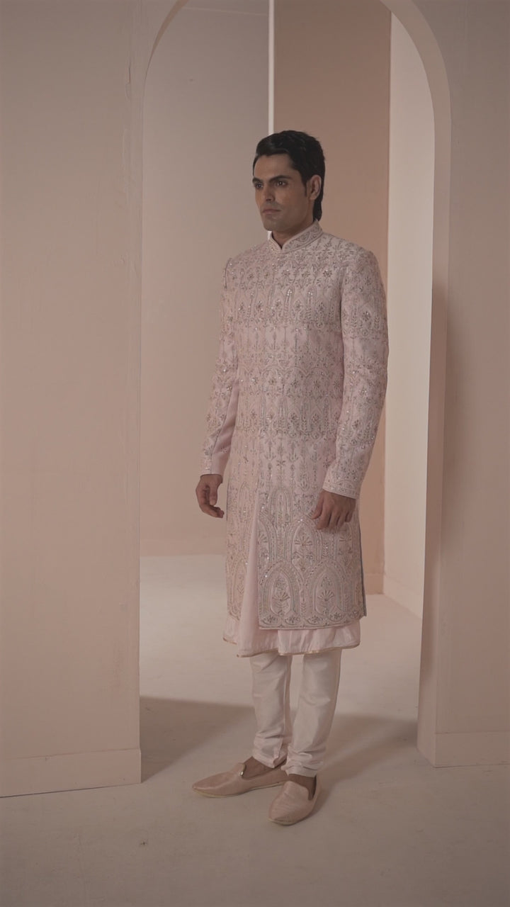 Powder Pink Silk Sherwani in Floral Motifs
