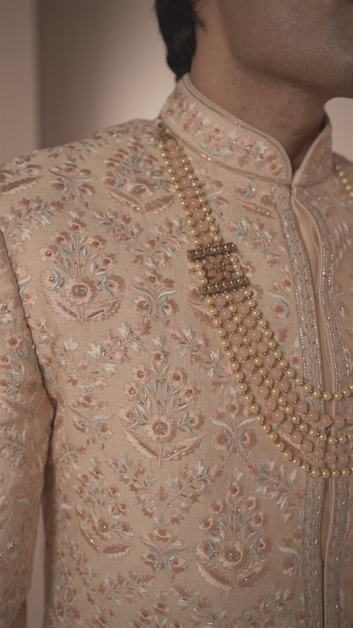 Light Peach Silk Sherwani with Pastel Floral Work