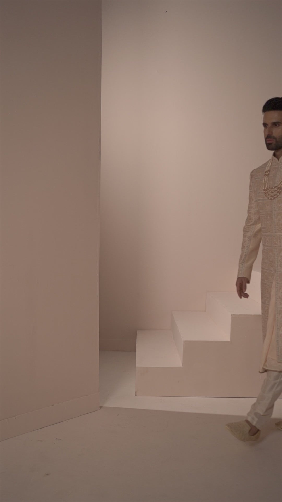 Light Peach Silk Sherwani in Geometric and Floral Motfis