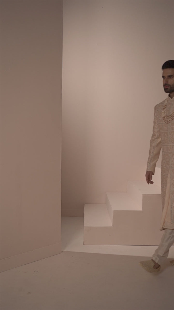 Light Peach Silk Sherwani in Geometric and Floral Motfis