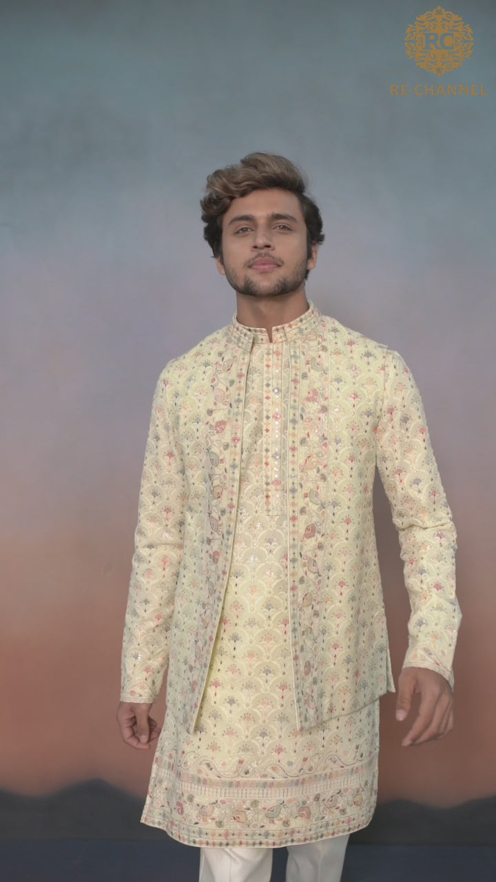 Lime yellow lucknowi bandi kurta set