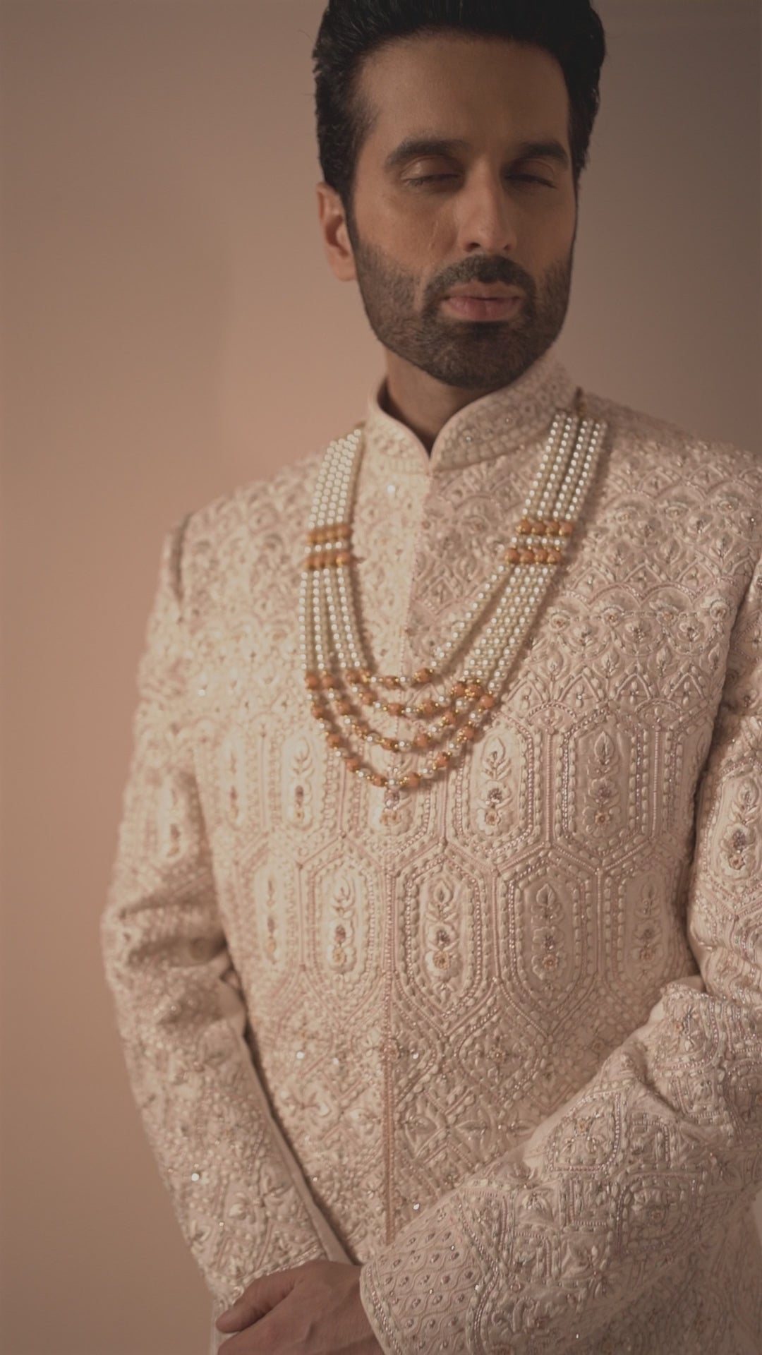Light Pink Silk Sherwani in Symmetric & Floral Motifs