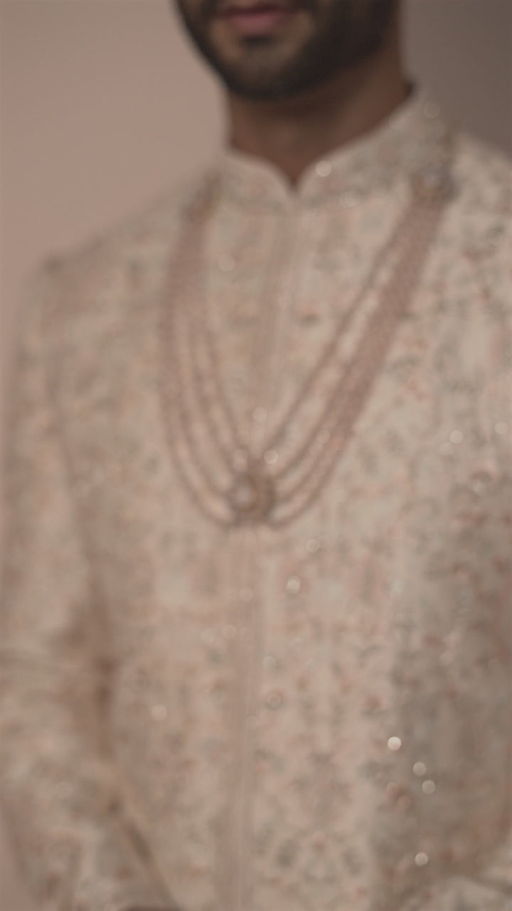 Light Gold Silk Sherwani with Floral Motifs