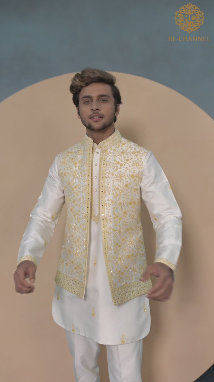 White Bandi Kurta Set in Silk