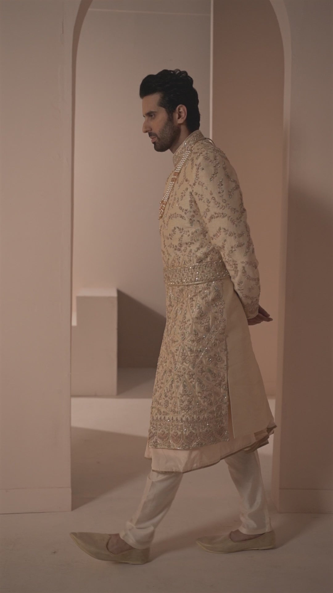 Gold and Peach Floral Silk Sherwani