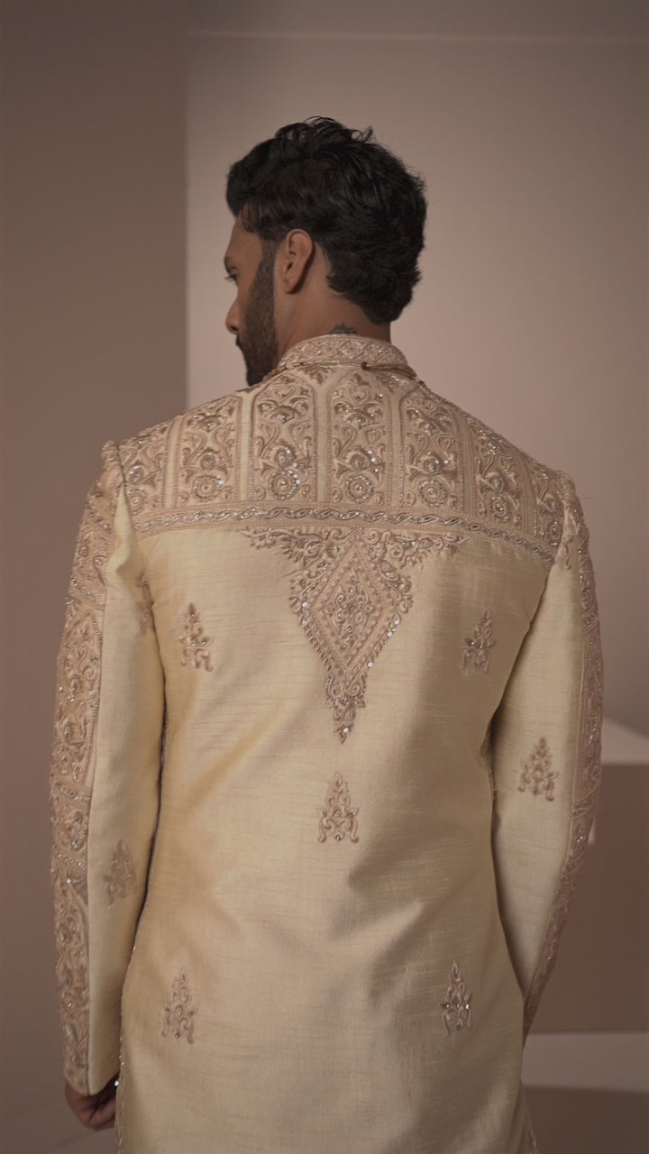 Gold Silk Sherwani with Self Geometric work all over