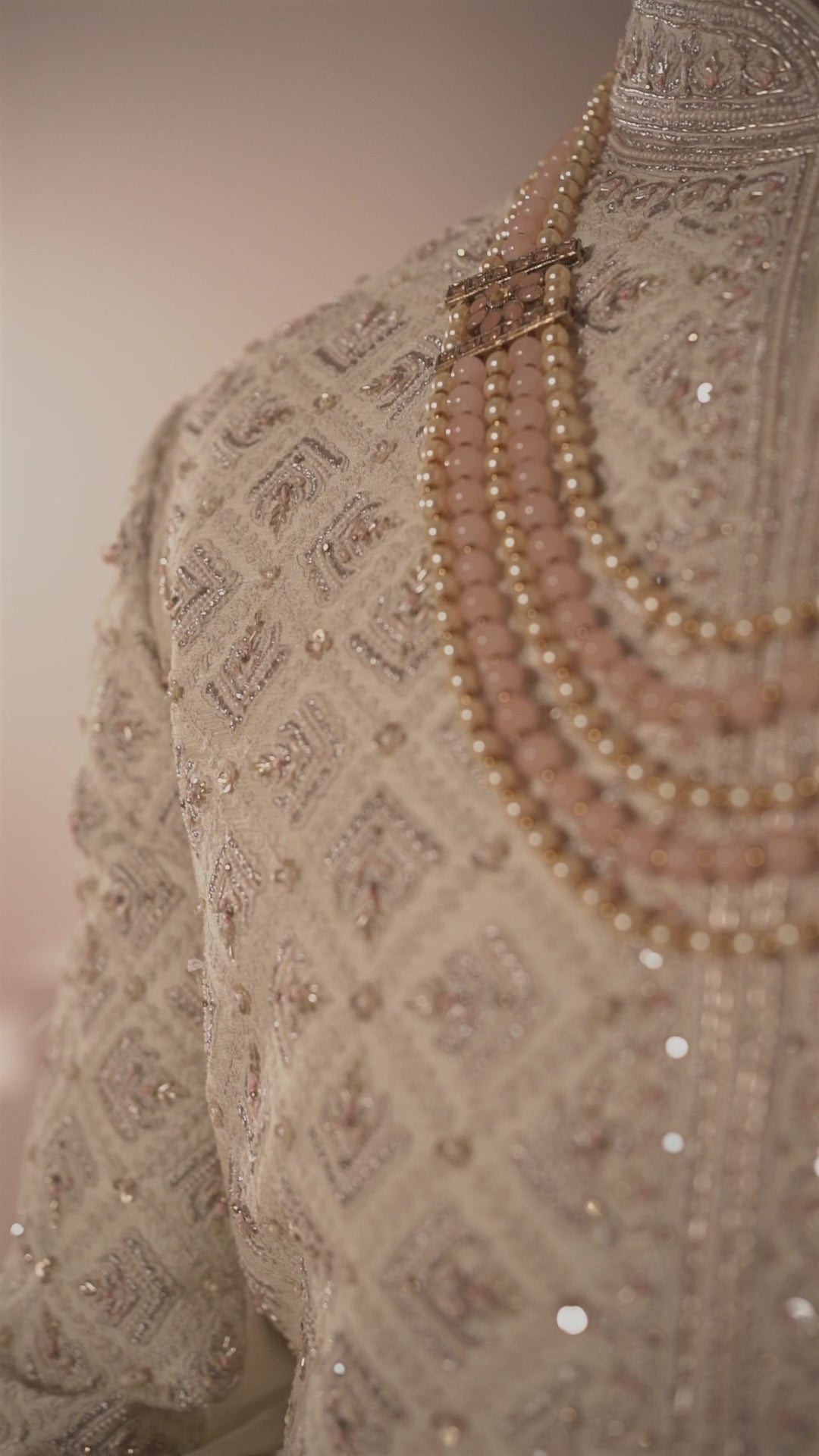 Butter Cream Silk Sherwani with Geometric Diamond Motifs