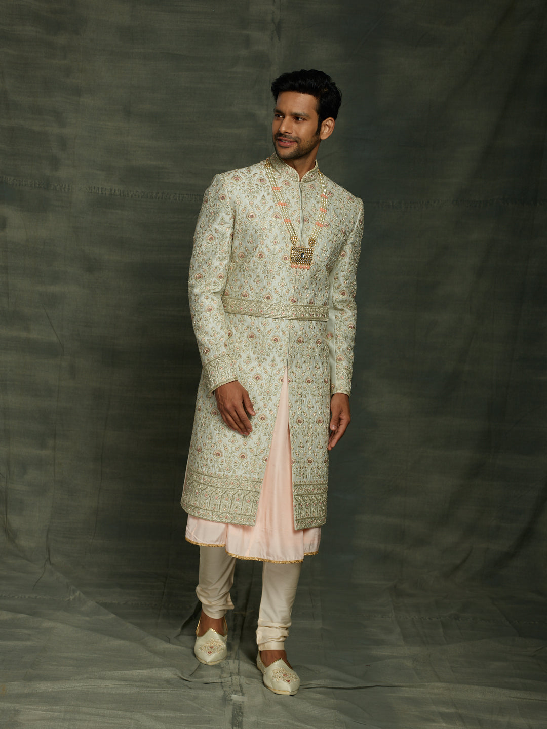 Groom's wear sherwani in mint-green color