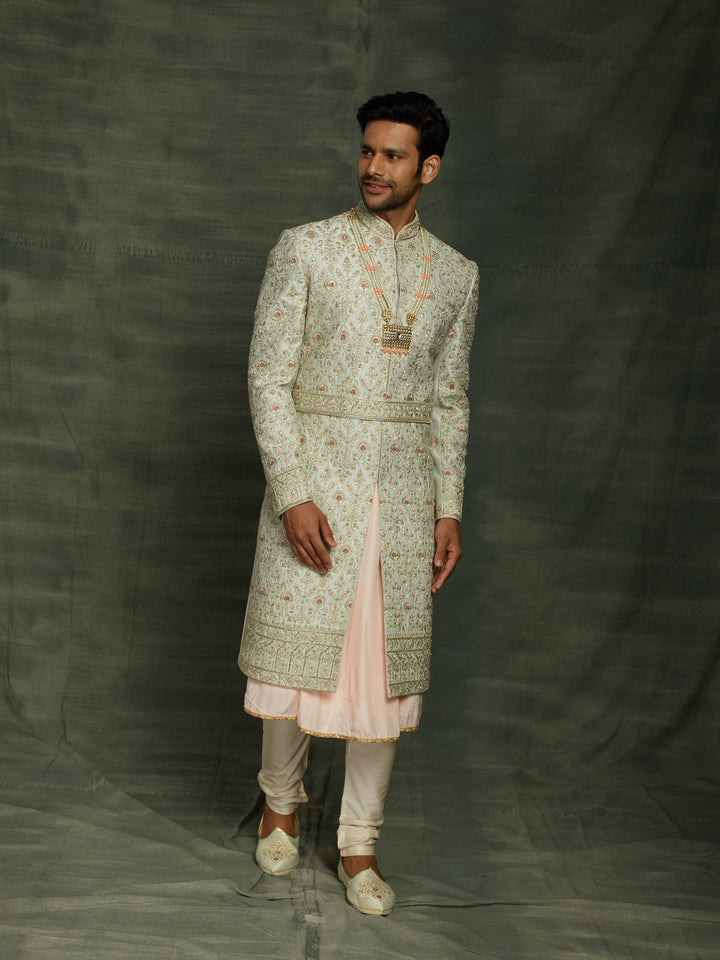 Groom's wear sherwani in mint-green color