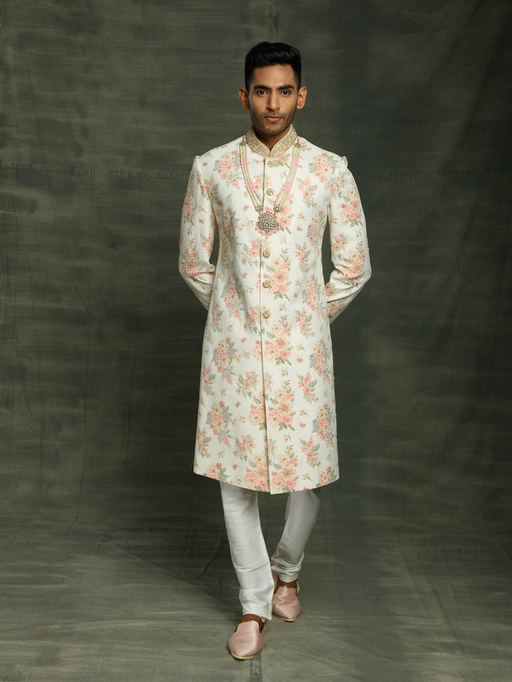 off-white floral sherwani