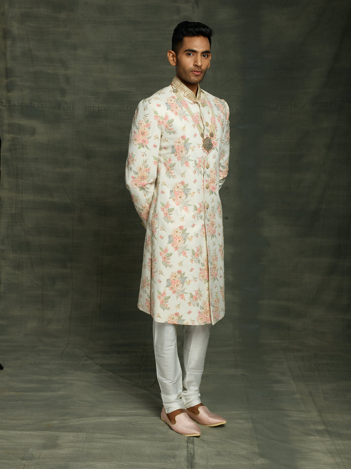off-white floral sherwani