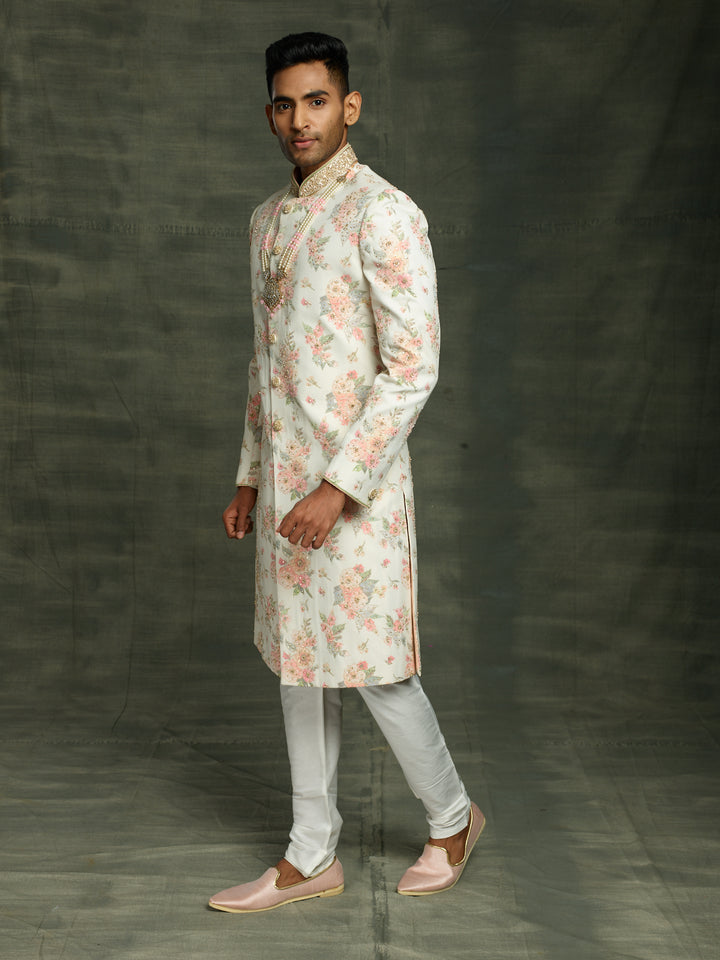 off-white floral sherwani