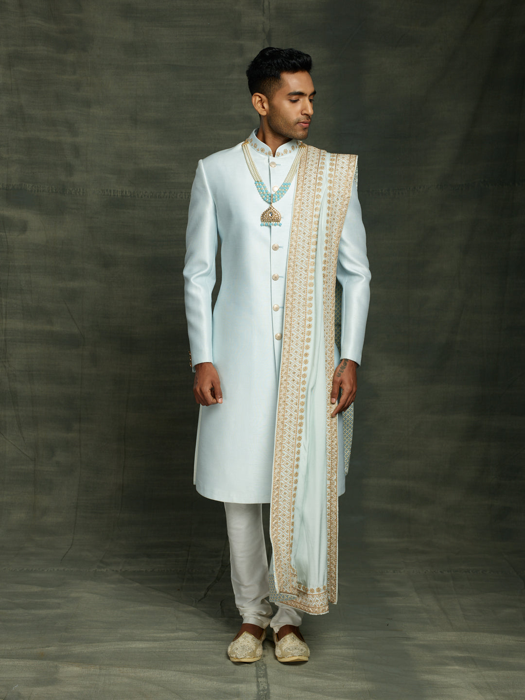 Powder blue raw silk sherwani with dupatta