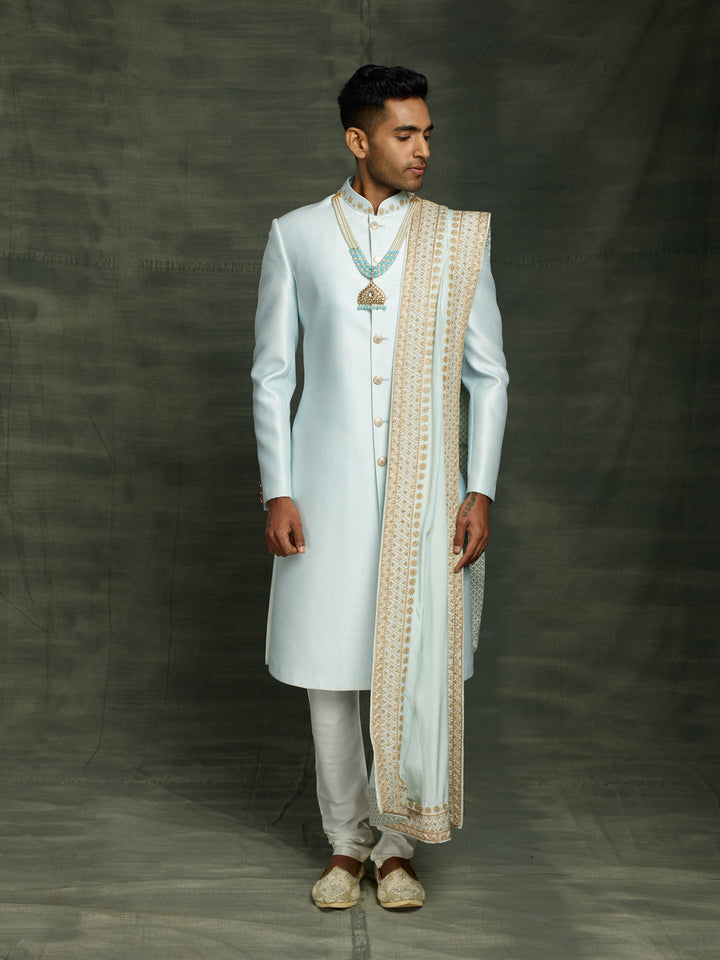 Powder blue raw silk sherwani with dupatta