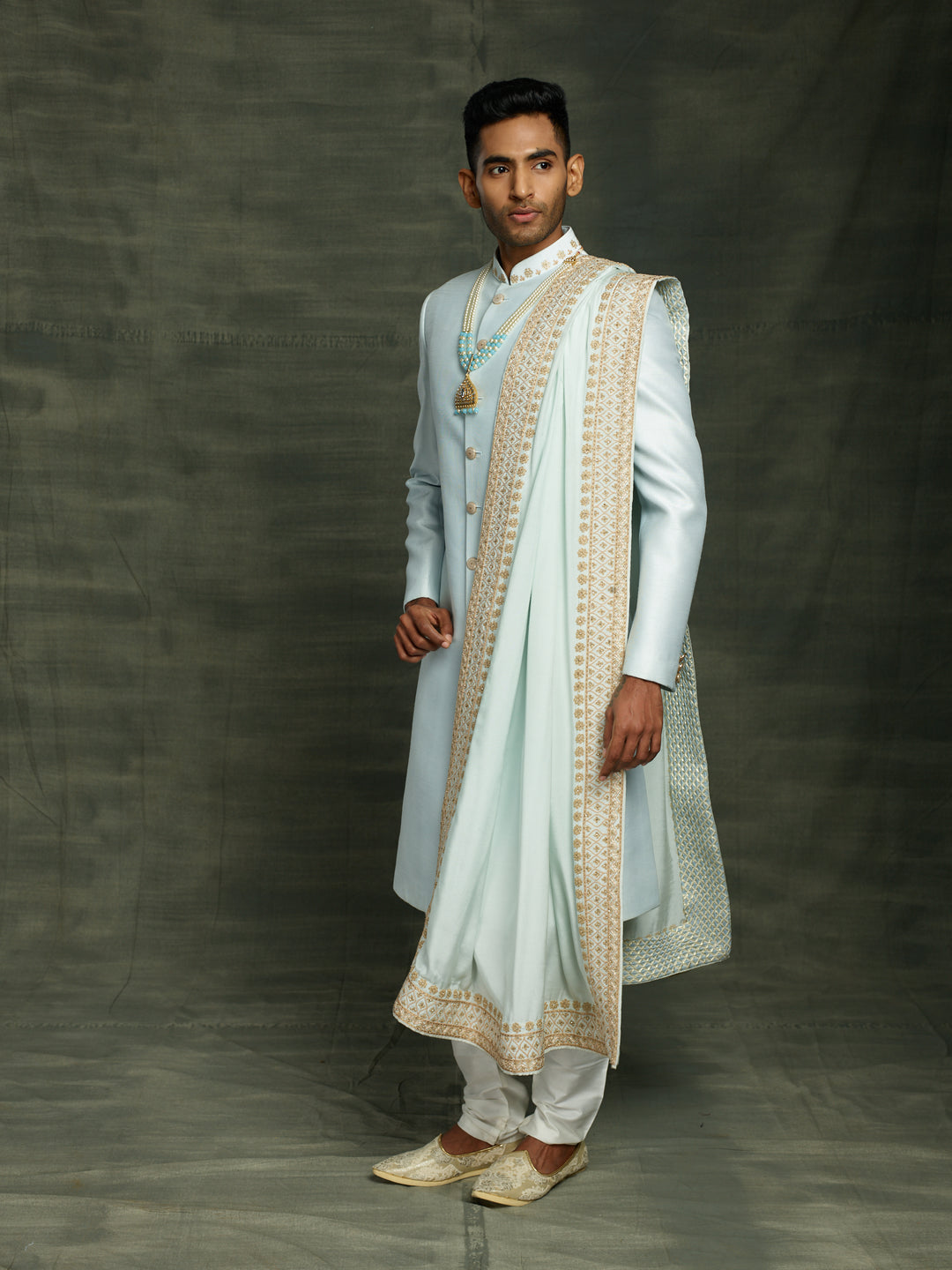 Powder blue raw silk sherwani with dupatta