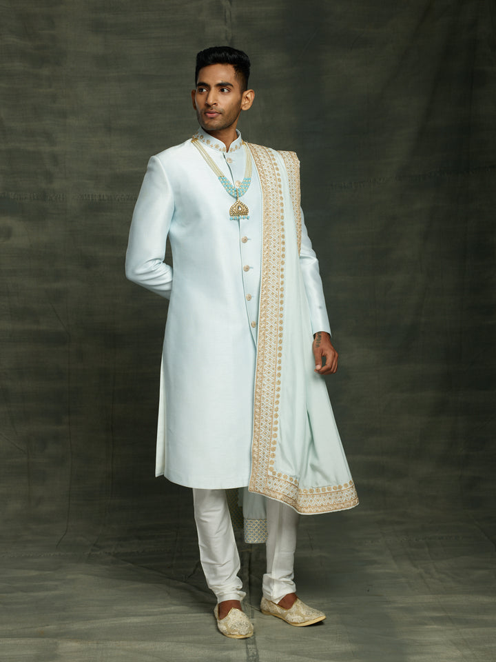 Powder blue raw silk sherwani with dupatta