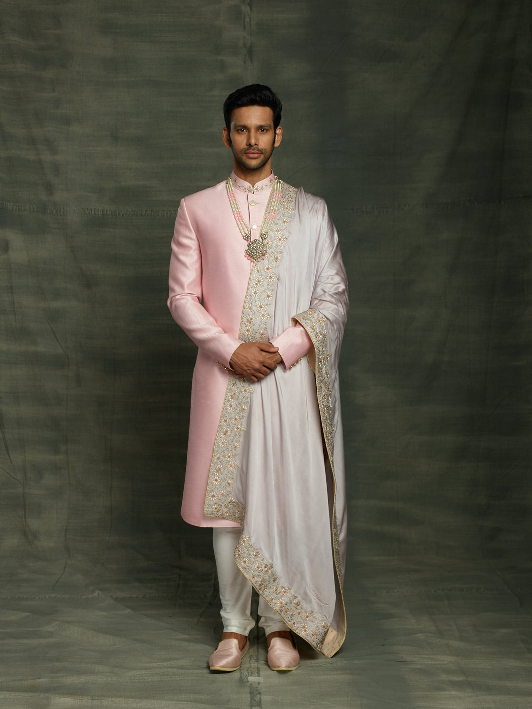 Raw silk sherwani with dupatta.