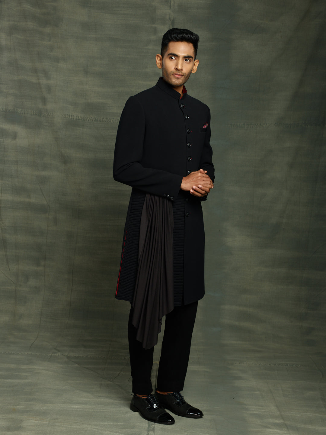 Black nawabi with detachable drape belt.