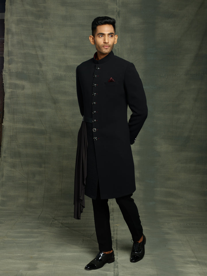 Black nawabi with detachable drape belt.