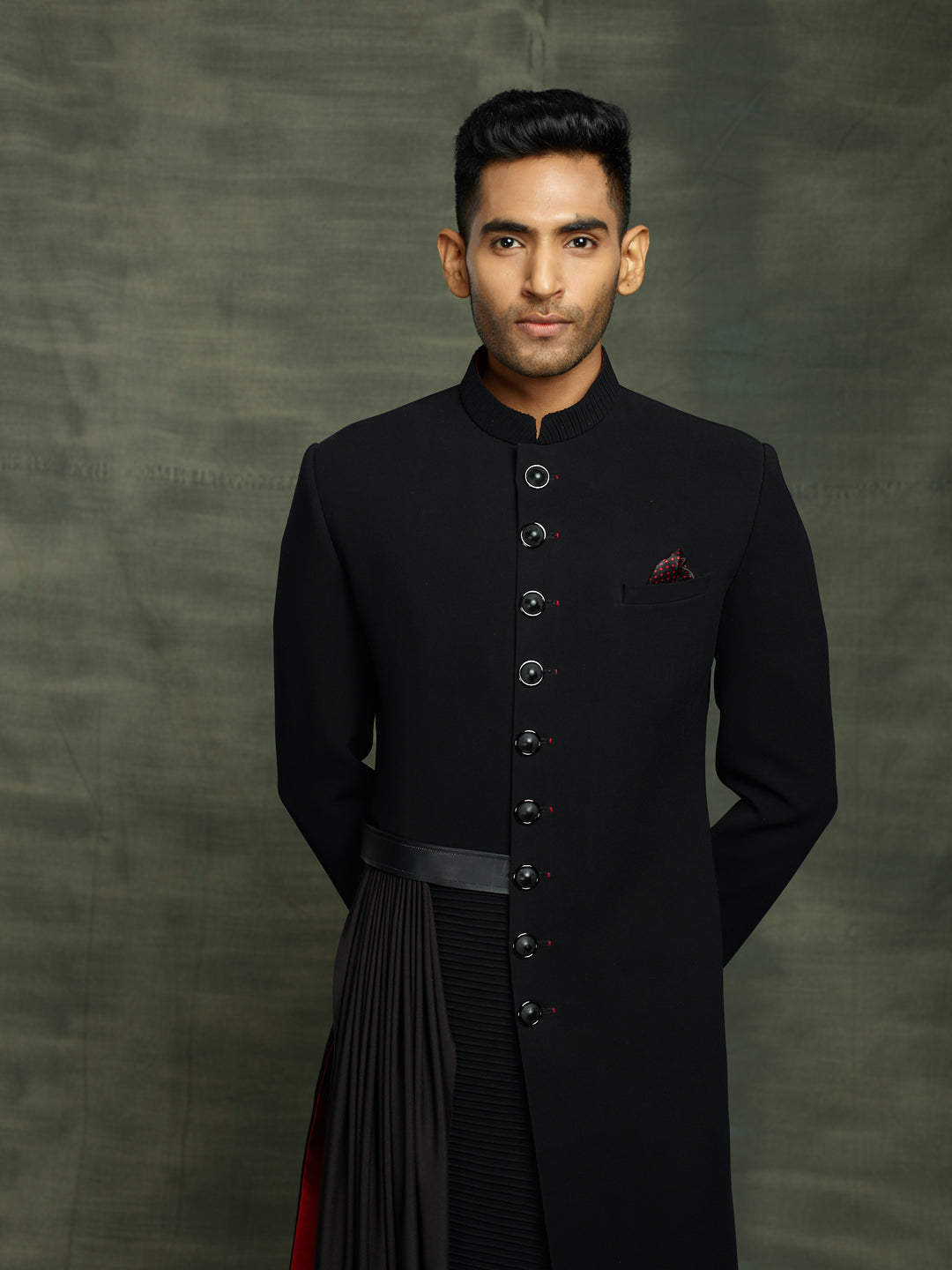 Black nawabi with detachable drape belt.