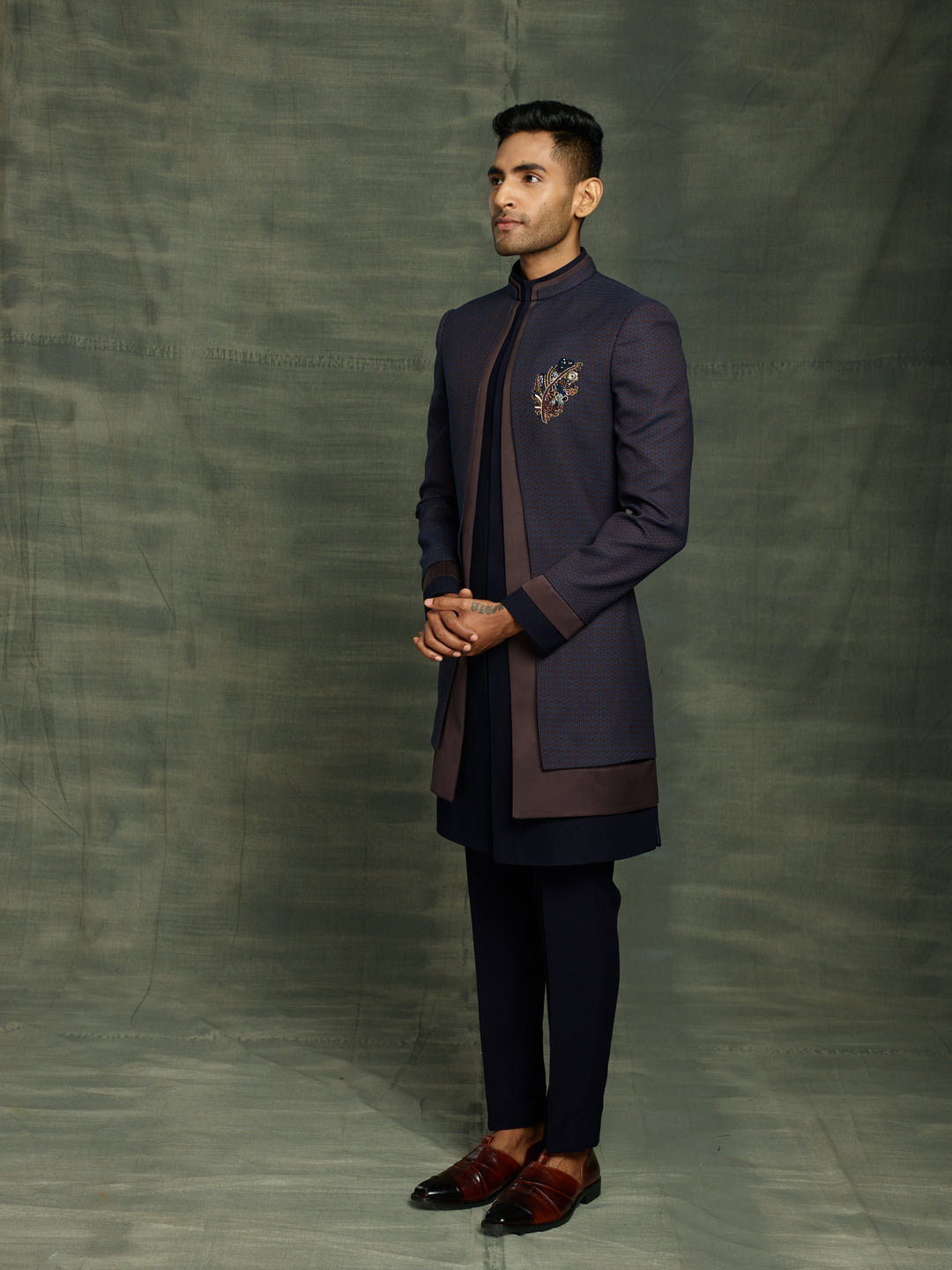 Layered indo-western with feather shaped motif.