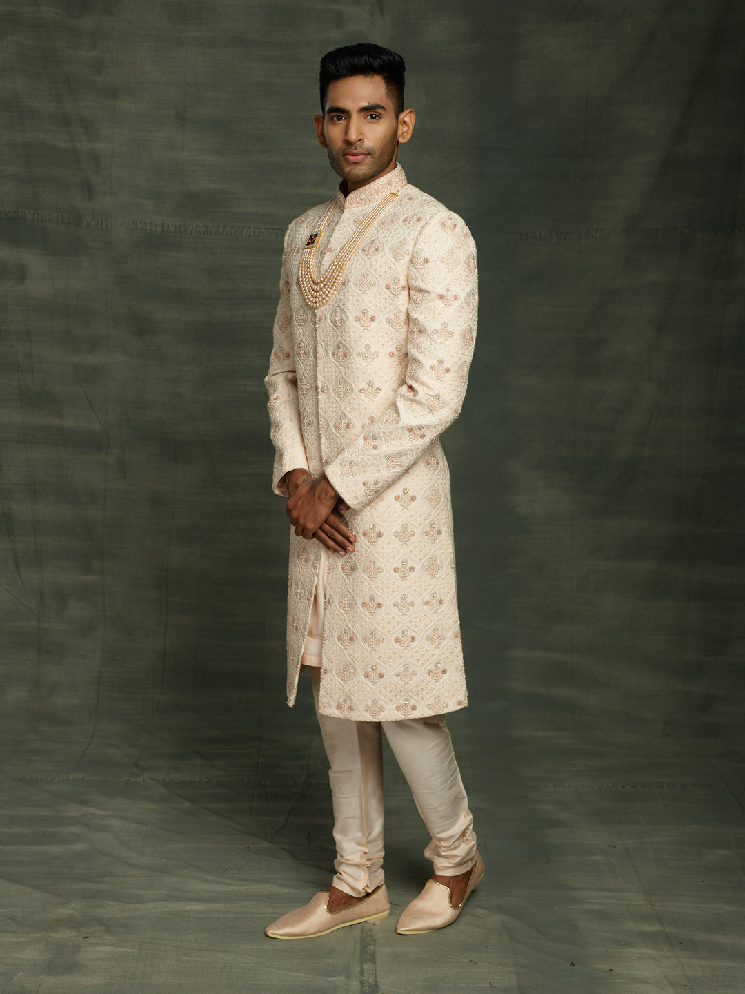 Lakhnavi groom's wear sherwani in peach