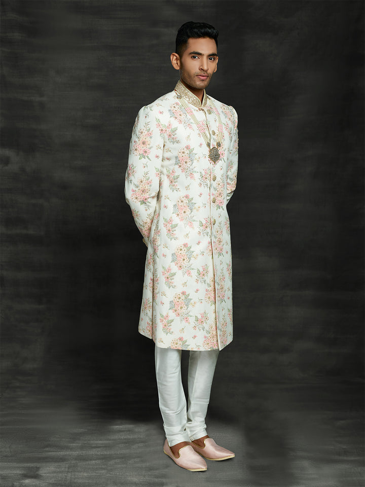 off-white floral sherwani