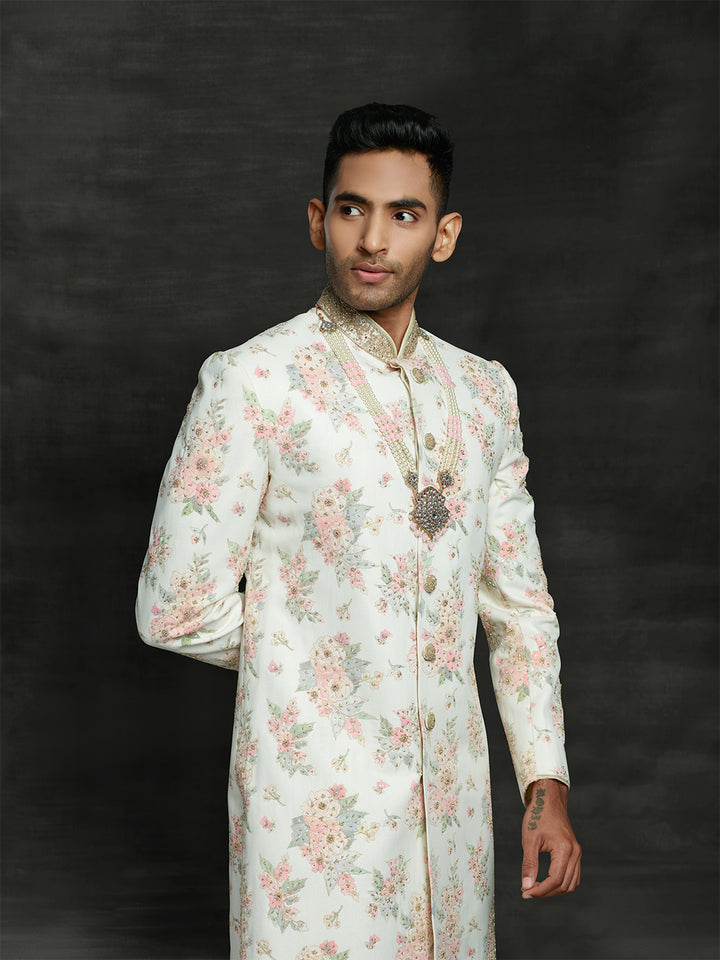 off-white floral sherwani