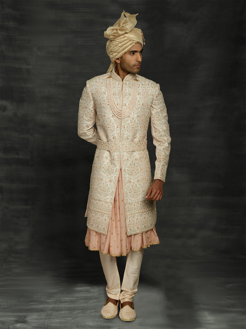 Peach sherwani with kamarbandh