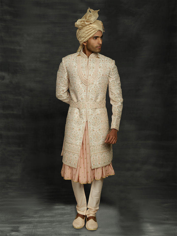 Peach sherwani with kamarbandh