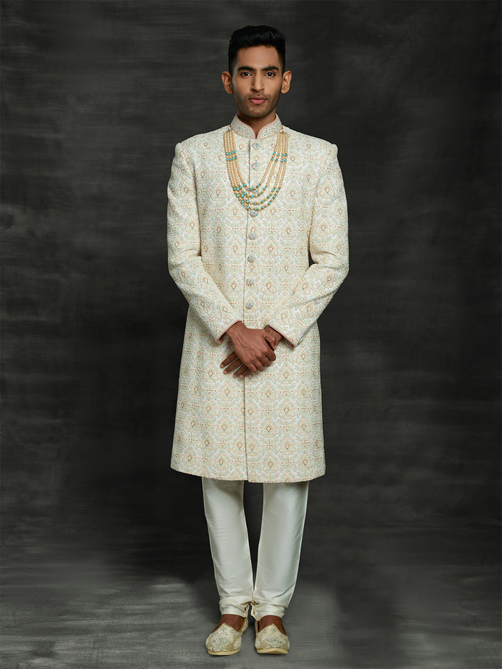 Off-white lakhnavi sherwani