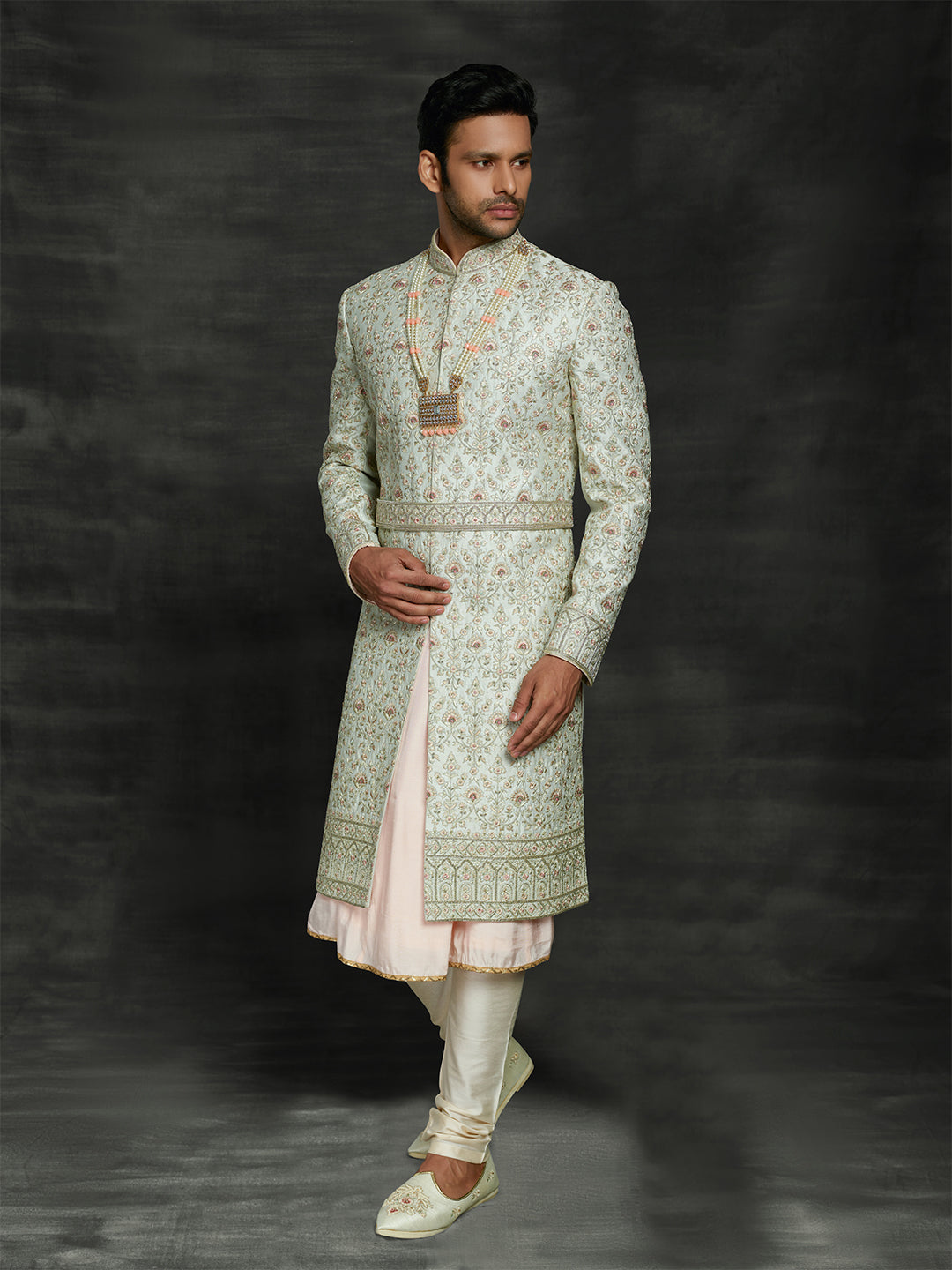 Mint green sherwani with waist belt