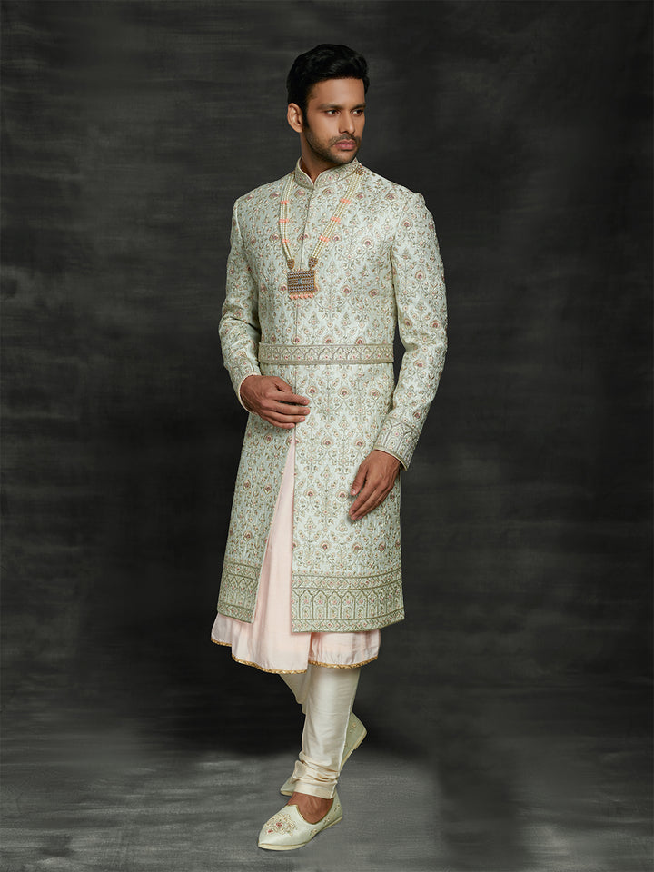 Mint green sherwani with waist belt