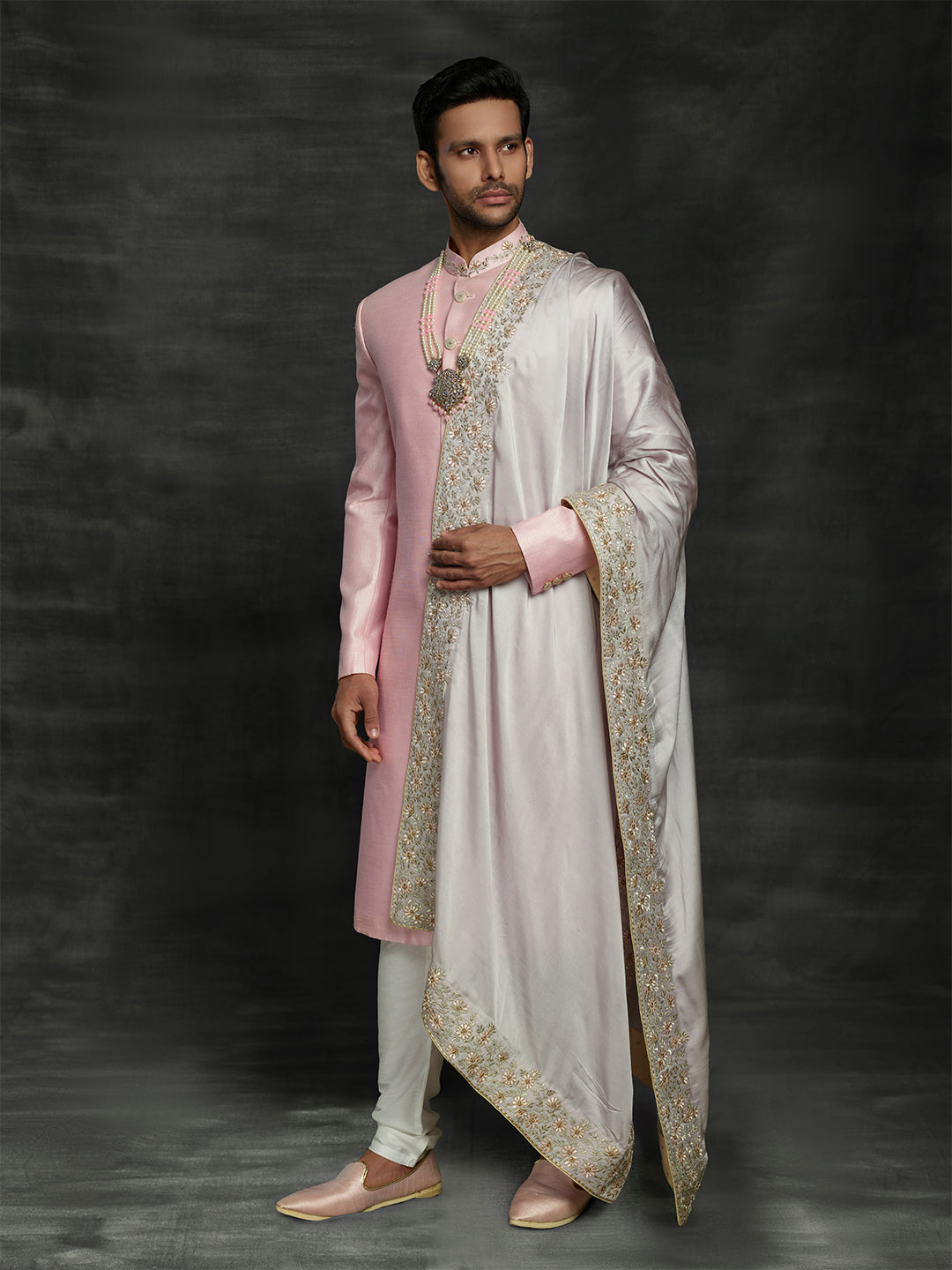 Raw silk sherwani with matching dupatta