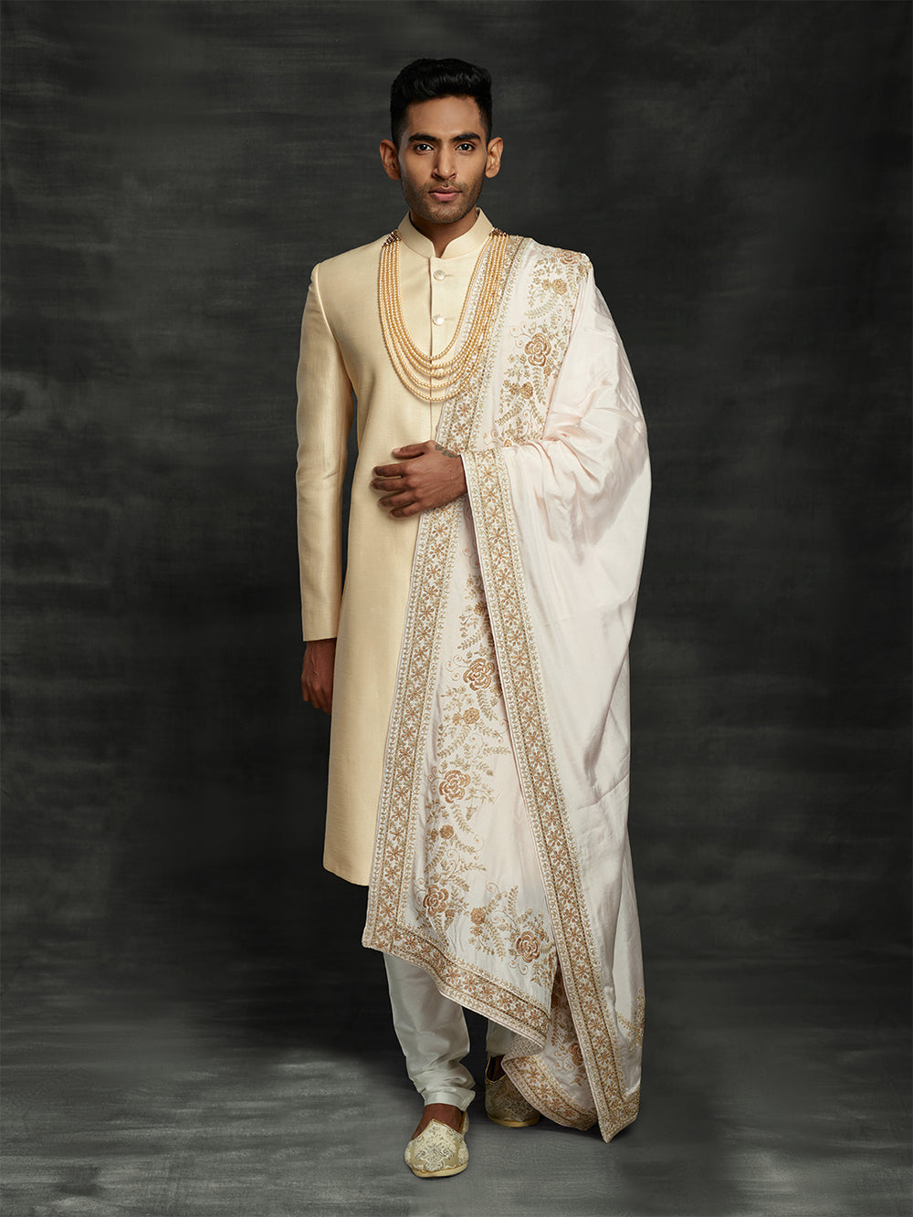 Gold raw silk sherwani with off-white dupatta
