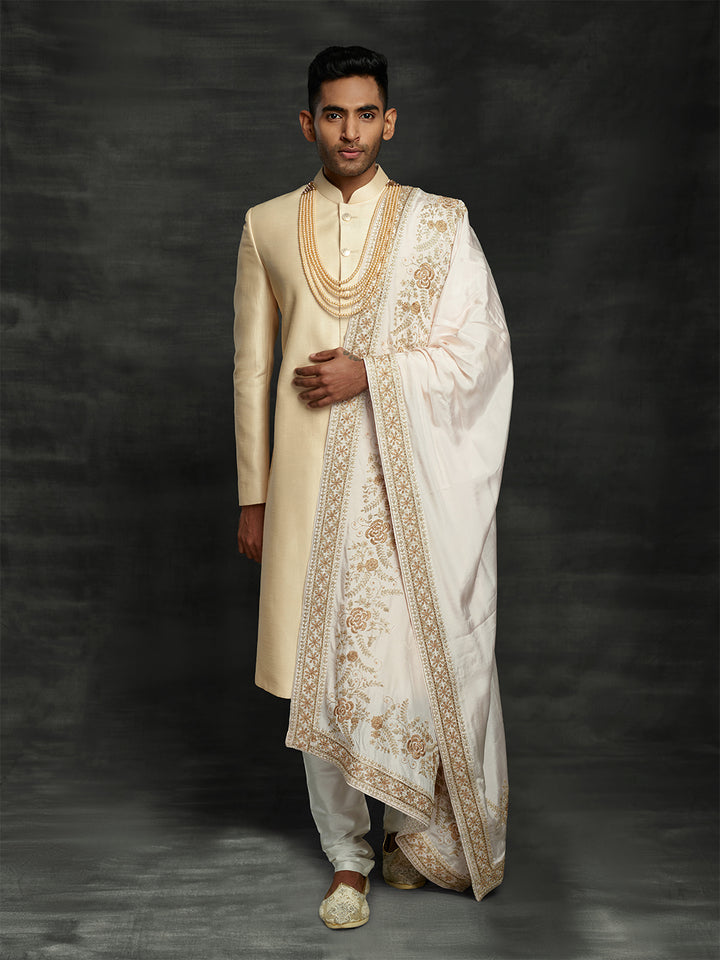 Gold raw silk sherwani with off-white dupatta