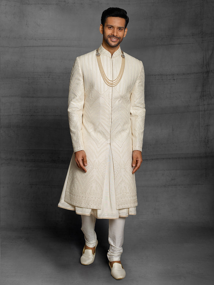 Off white sherwani with self color dori embroidery