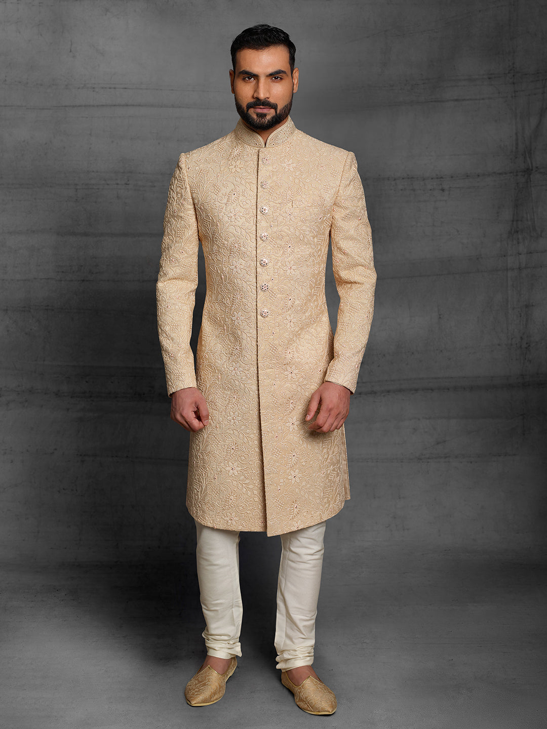 Classic gold sherwani in net fabric.