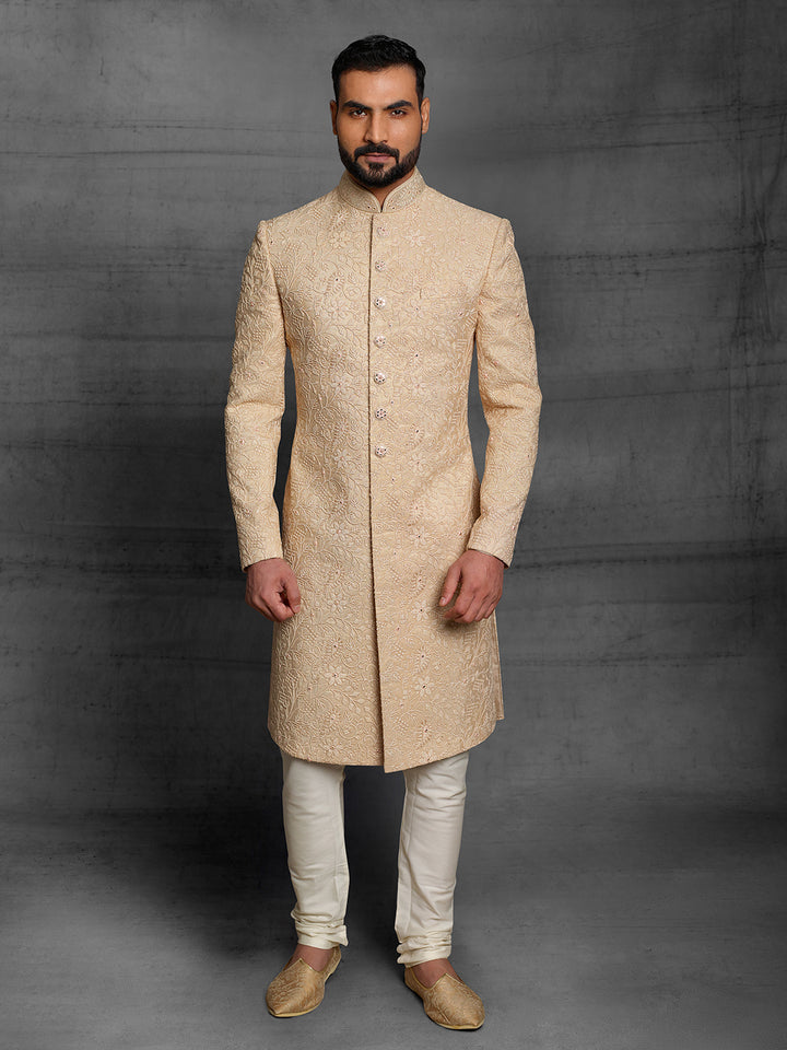Classic gold sherwani in net fabric.