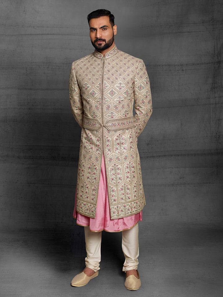 Zardose embroidered sherwani in beige with kamarbandh.