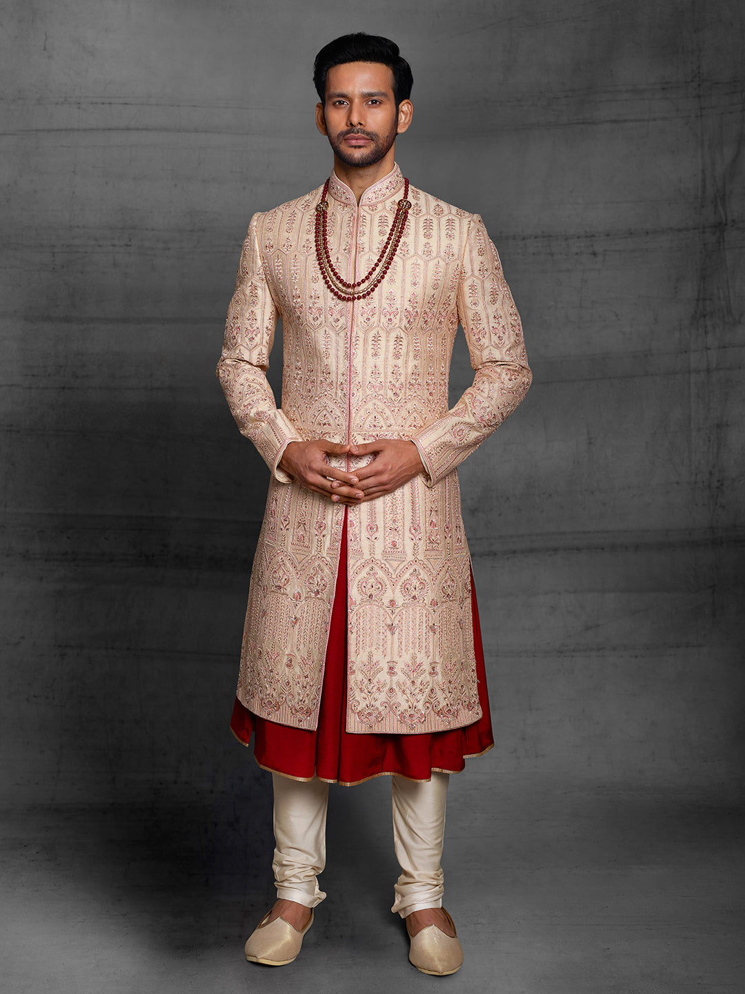 Gold silk sherwani with resham embroidery