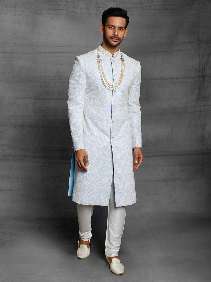Light blue lakhnavi sherwani.
